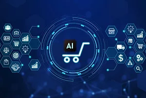 A large blue circle with "AI" written in the center, flanked by a series of shopping-related icons inside of hexagonal shapes