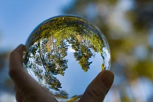 A HAND HOLDS UP A GLASS BALL REFLECTING AN IMAGE OF TREES UPSIDE DOWN