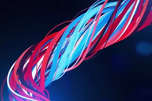 A LIGHTED SKEIN OF INTERWOVEN COLORED THREADS