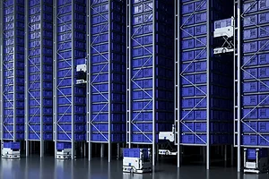 TALL STACKS IN A WAREHOUSE ARE SWARMED BY ROBOTS