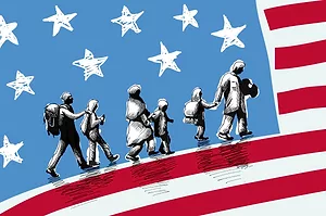 IN A SKETCH DRAWING, A FAMILY NAVIGATES A PRECARIOUS JOURNEY ON THE EDGE OF ONE OF THE STRIPES OF THE AMERICAN FLAG