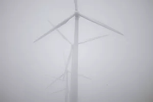 A LINE OF FOUR OFFSHORE WIND TURBINES ENGULFED IN FOG.