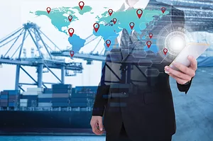 A GRAPHIC SHOWING MULTIPLE FORMS OF SHIPPING, WITH A HUMAN STANDING AT THE CENTER, TOUCHING A SYMBOLIC MAP OF THE WORLD