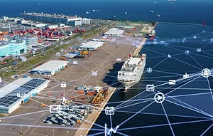 A shipping port with graphic of white lines connecting points across the area